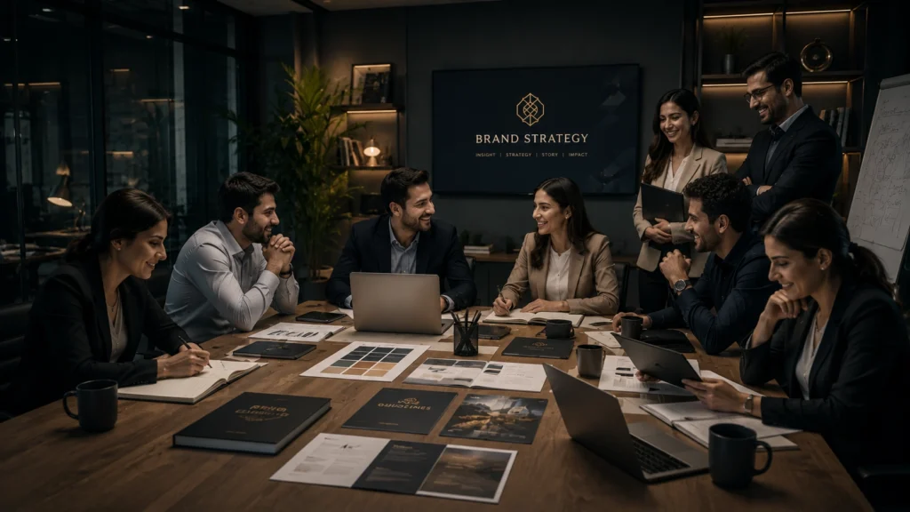 Confident business team collaborating with a clear brand strategy after successful transformation.