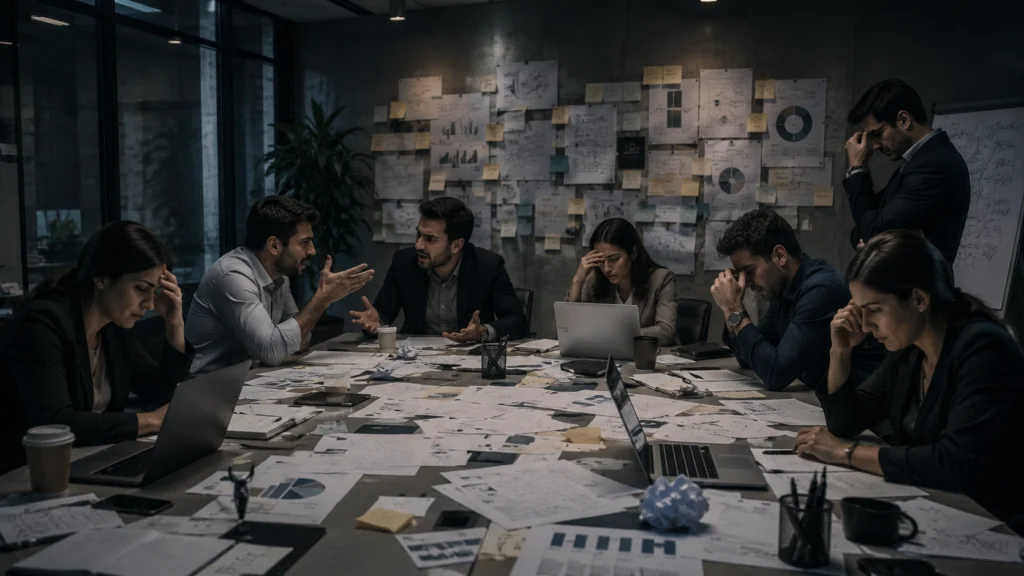 Business team overwhelmed by ineffective marketing and lack of brand strategy before transformation.